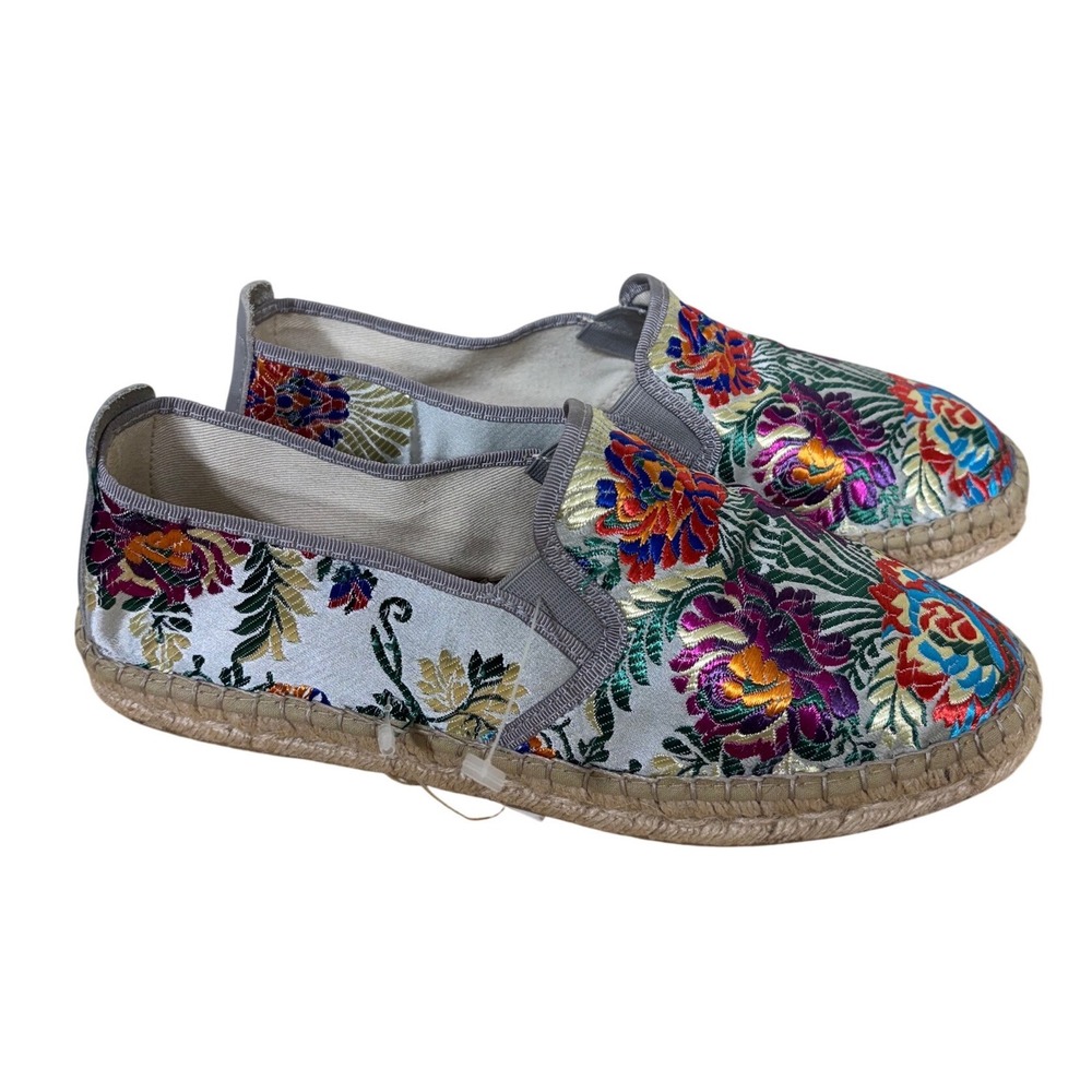 Fabiolas Espadrilles Size 8 Floral Embroidered Silver Handcrafted Spain EU 39